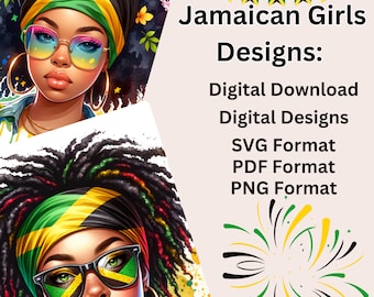 May include: Two digital illustrations of women with dark skin and black hair wearing headbands with the Jamaican flag colors. The women are wearing sunglasses with the Jamaican flag colors. The text "Jamaican Girls Designs: Digital Download Digital Designs SVG Format PDF Format PNG Format" is displayed on a pink background.