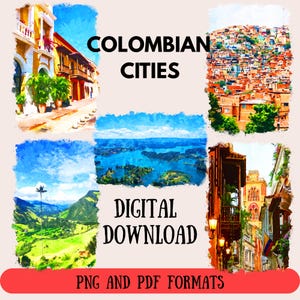 City Vibes Colombian Inspired Watercolor Art, PDF and PNG Formats, Instant Download, Colombian City Watercolor Illustrations