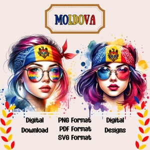 Könnte beinhalten: Zwei digitale Illustrationen von Frauen mit buntem Haar, die Bandanas mit der moldauischen Flagge tragen. Der Text "MOLDOVA" befindet sich in einem goldenen Rahmen über den Bildern. Der Text "Digitaler Download", "PNG-Format", "PDF-Format", "SVG-Format" und "Digitale Designs" befindet sich unter den Bildern.