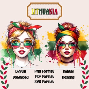 Puede incluir: Diseño digital que presenta a dos mujeres con gafas de sol con los colores de la bandera lituana. La imagen incluye la palabra "Lithuania" y el texto "Digital Download" y "Digital Designs" con opciones de formato de archivo.