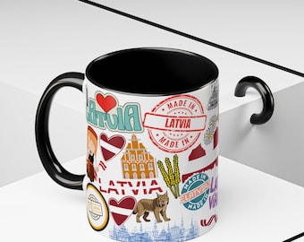 Taza de café con collage de viaje de Letonia, bandera de Letonia, regalo para viajeros