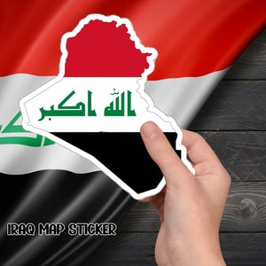 Autocollant en vinyle pour carte drapeau irakien, décoration patriotique du Moyen-Orient, décalcomanie de carte de l'Irak, autocollant envie de voyager, décalcomanie de voyage unique au Moyen-Orient.