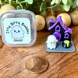 May include: A miniature white ghost figurine, a small purple and black house, and a tiny black cauldron with yellow liquid, next to a clear plastic container labeled Itty Bitty Buddies Ghost and a copper penny for scale.