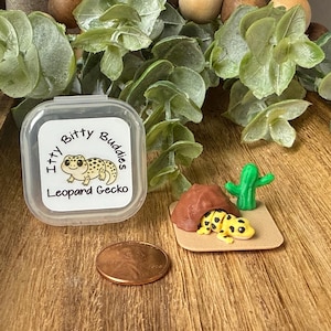 May include: A clear plastic case with a label that reads "Itty Bitty Buddies Leopard Gecko" sits next to a miniature desert scene with a yellow and black gecko, a brown rock, and a green cactus. A penny is also in the image.
