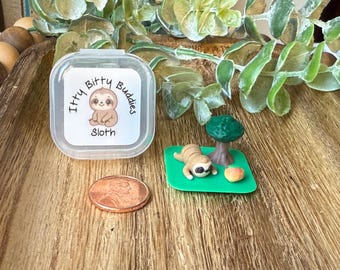 Miniature Sloth Playset: Itty Bitty Buddies 3D Printed Tiny Desk Pet Animal Fidget Toy