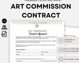 Customizable Artist Commission Contract, Editable Artwork Contract Template Form, Printable Sales Commissions Agreement for Art Work Invoice