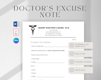 Doctors Excuse Note, Doctors Excuse Letter, Doctors Excuse For Work Doctor Excuse Template, Doctors Note For Work, Doctors Note For School