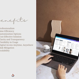 May include: A laptop computer with a bright screen displaying a document with text and images. The laptop is on a white marble surface with a wooden object and two gray stones in the background. The text on the screen reads "benefits:" followed by a list of benefits including "Professionalism", "Time Efficiency", "Customization Options", "Cost-Effective Solution", "Clarity and Transparency", "Flexibility in Usage", "Digital Access Anytime, Anywhere", "Risk Mitigation", and "Scalability".