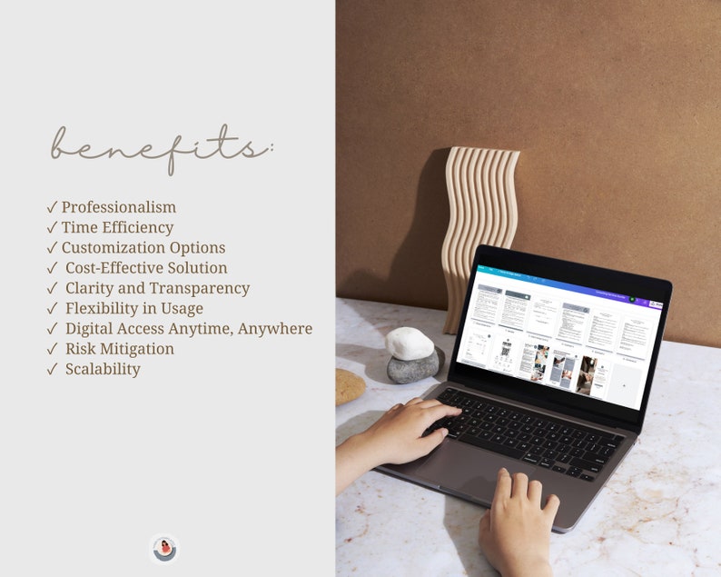 May include: A laptop computer with a bright screen displaying a document with text and images. The laptop is on a white marble surface with a wooden object and two gray stones in the background. The text on the screen reads "benefits:" followed by a list of benefits including "Professionalism", "Time Efficiency", "Customization Options", "Cost-Effective Solution", "Clarity and Transparency", "Flexibility in Usage", "Digital Access Anytime, Anywhere", "Risk Mitigation", and "Scalability".