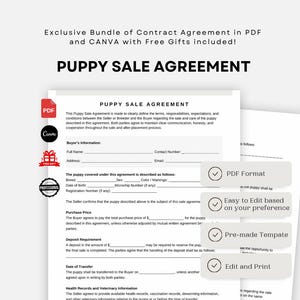 Puede incluir: Un paquete de documentos de contrato de venta de cachorros en formatos PDF y Canva. El formulario incluye secciones para información del comprador, detalles del cachorro, precio de compra, depósitos, fechas de transferencia y salud.
