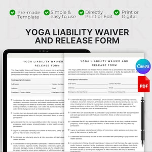 May include: A digital Yoga Liability Waiver and Release Form template displayed on a tablet and a printed page. The document includes sections for participant information and legal terms. Features include Canva, PDF icons, and a black stylus pen.