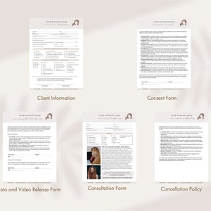 May include: Five printable forms for a business, including a client information form, a consent form, a photo and video release form, a consultation form, and a cancellation policy. Each form has a logo with a woman's silhouette and the text "Your Business Name".