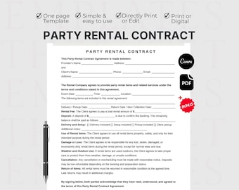 One Page Party Rental Contract, Editable Party Rental Agreement Form Template, Printable Party Planning Rental form Instant Download