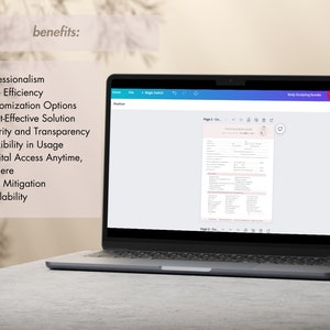 K&ouml;nnte beinhalten: Ein Laptop-Bildschirm zeigt ein digitales Dokument mit dem Titel "Body Sculpting Bundle". Das Dokument ist eine Checkliste mit mehreren Abschnitten und Kontrollk&auml;stchen. Der Text "benefits:" ist auf der linken Seite des Bildschirms sichtbar, gefolgt von einer Liste von Vorteilen, darunter "Professionalism", "Time Efficiency", "Customization Options", "Cost-Effective Solution", "Clarity and Transparency", "Flexibility in Usage", "Digital Access Anytime, Anywhere", "Risk Mitigation" und "Scalability".