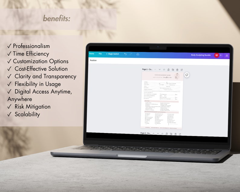 K&ouml;nnte beinhalten: Ein Laptop-Bildschirm zeigt ein digitales Dokument mit dem Titel "Body Sculpting Bundle". Das Dokument ist eine Checkliste mit mehreren Abschnitten und Kontrollk&auml;stchen. Der Text "benefits:" ist auf der linken Seite des Bildschirms sichtbar, gefolgt von einer Liste von Vorteilen, darunter "Professionalism", "Time Efficiency", "Customization Options", "Cost-Effective Solution", "Clarity and Transparency", "Flexibility in Usage", "Digital Access Anytime, Anywhere", "Risk Mitigation" und "Scalability".