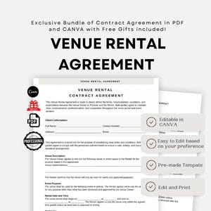 Puede incluir: Un documento blanco de Acuerdo de Alquiler de Local con el texto "VENUE RENTAL AGREEMENT" en letras grandes y en negrita. El documento incluye secciones para la información del cliente y los detalles del local. Texto adicional indica que el acuerdo es editable en Canva, fácil de editar, prefabricado y listo para imprimir.