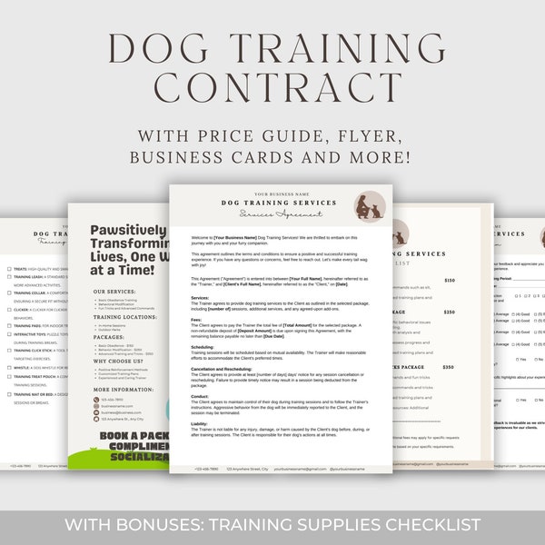 Dog Training Contract, Dog Training Services Agreement, Pet Business Forms, Pet Training Business, Dog Trainer Client Forms, Dog Trainer