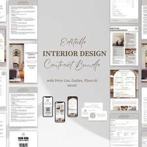 May include: Editable interior design contract bundle with price list, guides, flyers, and more. The bundle includes a variety of documents, such as a contract, price list, guides, and flyers. The documents are designed to help interior designers create a professional and organized business.