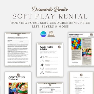 以下が含まれることがあります： ソフトプレイレンタルビジネスの書類一式。書類には、予約フォーム、サービス契約、価格表、チラシ、安全ガイドが含まれています。書類は白い紙に印刷され、茶色の枠があります。書類はコラージュ形式で配置されています。書類のテキストは白黒です。書類はソフトプレイレンタルビジネス用です。書類はソフトプレイレンタルビジネス用です。書類はソフトプレイレンタルビジネス用です。