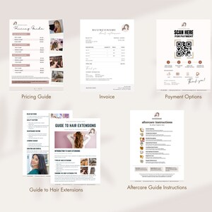 May include: A set of five printable documents for hair extensions. The documents include a pricing guide, invoice, payment options, guide to hair extensions, and aftercare instructions. The documents are in a modern, minimalist style with a pink and brown color scheme.