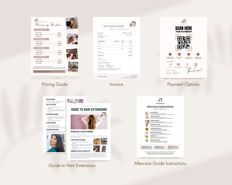 May include: A set of five printable documents for hair extensions. The documents include a pricing guide, invoice, payment options, guide to hair extensions, and aftercare instructions. The documents are in a modern, minimalist style with a pink and brown color scheme.