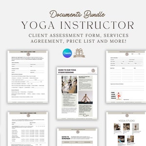 Op de afbeelding: Een documentenbundel voor yogadocenten, inclusief een cliëntbeoordelingsformulier, een serviceovereenkomst, een prijslijst en een gids voor studio-sessies. De documenten zijn ontworpen in een minimalistische stijl met een bruin en wit kleurenschema.