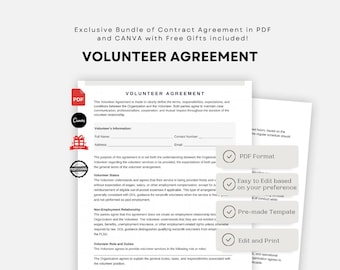 Customizable Volunteer Agreement Template, Nonprofit Volunteer Contract, Easy Edit Volunteer Form, Community Service Document - Canva & PDF