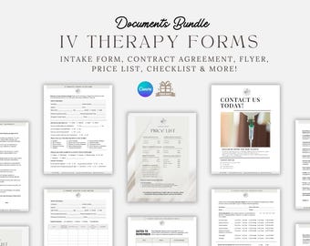 May include: A set of printable IV therapy forms, including an intake form, contract agreement, flyer, price list, checklist, and more. The forms are designed in a modern, minimalist style with a white background and black text.