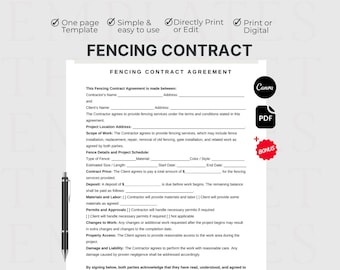 One Page Fencing Contract, Editable Fence Contract Form Template, Printable Protect Your Projects Canva, Professional Fencing Agreement