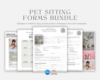 Bundel met formulieren voor dierenoppas, serviceovereenkomst/contract dierenoppas, dierenoppasbedrijf, klantovereenkomst, factuur, feedbacksjablonen, CANVA