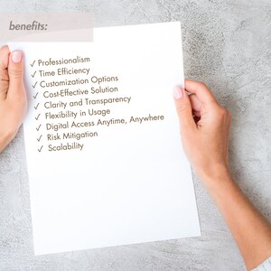 May include: A white sheet of paper with a list of benefits written in brown ink. The list includes: Professionalism, Time Efficiency, Customization Options, Cost-Effective Solution, Clarity and Transparency, Flexibility in Usage, Digital Access Anytime, Anywhere, Risk Mitigation, and Scalability.