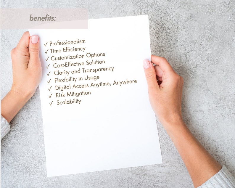 May include: A white sheet of paper with a list of benefits written in brown ink. The list includes: Professionalism, Time Efficiency, Customization Options, Cost-Effective Solution, Clarity and Transparency, Flexibility in Usage, Digital Access Anytime, Anywhere, Risk Mitigation, and Scalability.