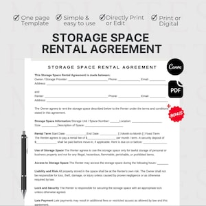 Può includere: Un modello di contratto di locazione per spazio di archiviazione in bianco e nero con campi per i dati del proprietario e dell'affittuario, termini di locazione, dettagli dell'unità e clausole di sicurezza. Include icone Canva e PDF e un'etichetta bonus.