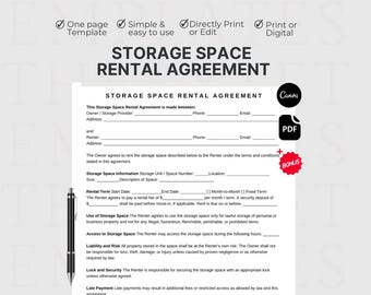 Simple Storage Space Rental Agreement, One Page Contractor Storage Form, Printable & Editable Lease Form Contract, Instant Download