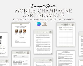Mobiler Champagnerwagen, Vertragsvorlage für Veranstaltungsanbieter, Partyverleih-Partyzubehörvertrag, Mobile Bar-Vertragspaket, bearbeitbare CANVA