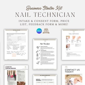 Pode incluir: Um kit de início para técnicos de unhas. O kit inclui um guia de serviços de unhas, um guia de cuidados com as unhas, uma lista de preços, um formulário de admissão e consentimento, um formulário de feedback e uma página de contato. O kit foi projetado para ajudar os técnicos de unhas a iniciar e expandir seus negócios.