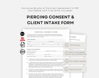 Piercing Consent Form Template - Professional Body Piercing Shop Forms, Tattoo and Piercing Studio Documents - Editable Canva & PDF