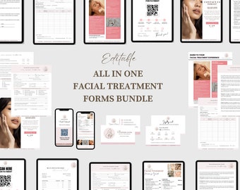 May include: Editable digital forms bundle for facial treatment businesses. The bundle includes forms for client intake, treatment consent, payment, and more. The forms are designed in a modern, minimalist style with pink and brown accents.