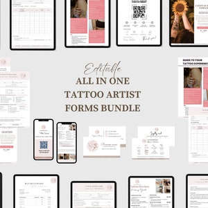 Op de afbeelding: Een verzameling digitale formulieren voor tatoeëerders, weergegeven op tablets en telefoons. De formulieren bevatten betalingsgegevens, bedrijfsinformatie en een gids voor de tattoo-ervaring. De tekst "Editable ALL IN ONE TATTOO ARTIST FORMS BUNDLE" is zichtbaar.