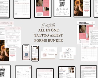 Paquete de formularios para artistas del tatuaje, formulario de consentimiento para tatuajes, formulario de admisión de tatuajes, admisión de clientes de tatuajes, formularios comerciales de artistas del tatuaje, cuidado posterior del tatuaje