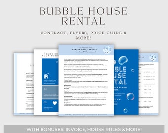 May include: A blue and white printable contract agreement for a bubble house rental. The contract includes details about the rental, check-in and check-out times, and house rules. The document also includes a section for the guest's signature.