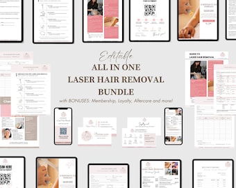 May include: A pink and white digital marketing bundle for laser hair removal businesses. The bundle includes templates for client intake forms, treatment guides, aftercare instructions, and more. The text "Editable All in One Laser Hair Removal Bundle" is displayed in a pink and white font.
