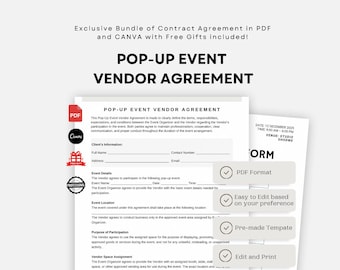 Pop-Up Event Vendor Agreement Template | Booth Rental Contract, Fees, Liability, Conduct & Setup Terms for Markets Expos