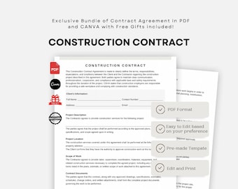 Editable Construction Contract Agreement Template, Single Page Construction Agreement Form, Printable Construction work contract, Basic PDF