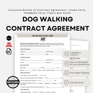 Könnte beinhalten: Ein Bündel von Hundeauslaufformularen, einschließlich einer Vertragsvereinbarung und eines Aufnahmeformulars. Die Formulare sind in Canva bearbeitbar, einfach zu bearbeiten, vorgefertigte Vorlagen und bereit zum Bearbeiten und Drucken.