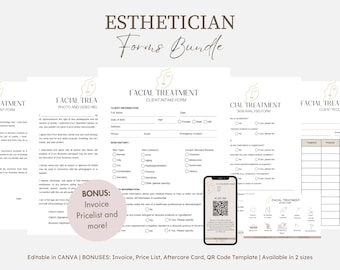 May include: A set of printable forms for estheticians, including a client intake form, skin analysis form, facial treatment record, and aftercare card. The forms are editable in Canva and come with bonus templates for an invoice, price list, and QR code.