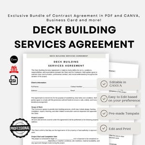 Editable Deck Building Contract Template, Deck Construction Agreement, Deck Installation Form PDF, Contractor Agreement, Instant Download