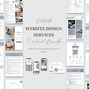 Puede incluir: Paquete de contratos de servicios de diseño web editables con lista de precios, guías, folletos y más. El paquete incluye un contrato, una lista de precios, guías, folletos y un código QR para escanear y pagar.