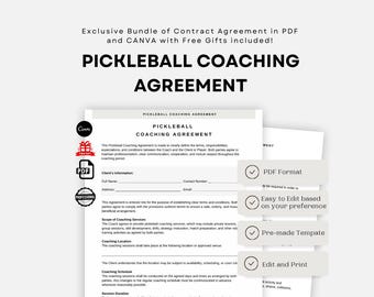 Pickleball Sports Coach Contract Agreement, Player Coach Agreement PDF, Sports Training Session Form, Editable Printable, Youth & Adult