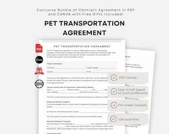 Pet Transportation Agreement Template | Animal Courier Contract, Liability Waiver, Travel Schedule, Veterinary Care & Payment Terms